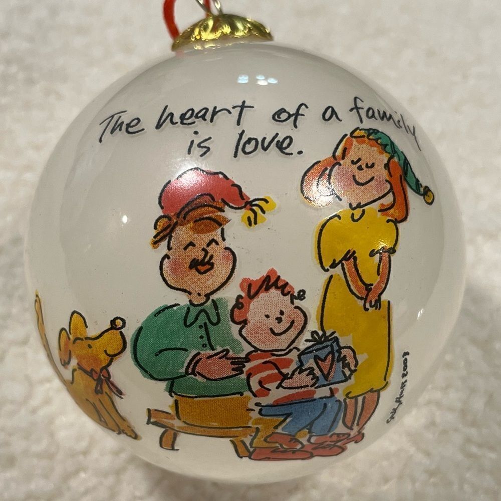 Sally Huss 2003 Heart of a Family Is Love Christmas Ornament Glass White 2.75”